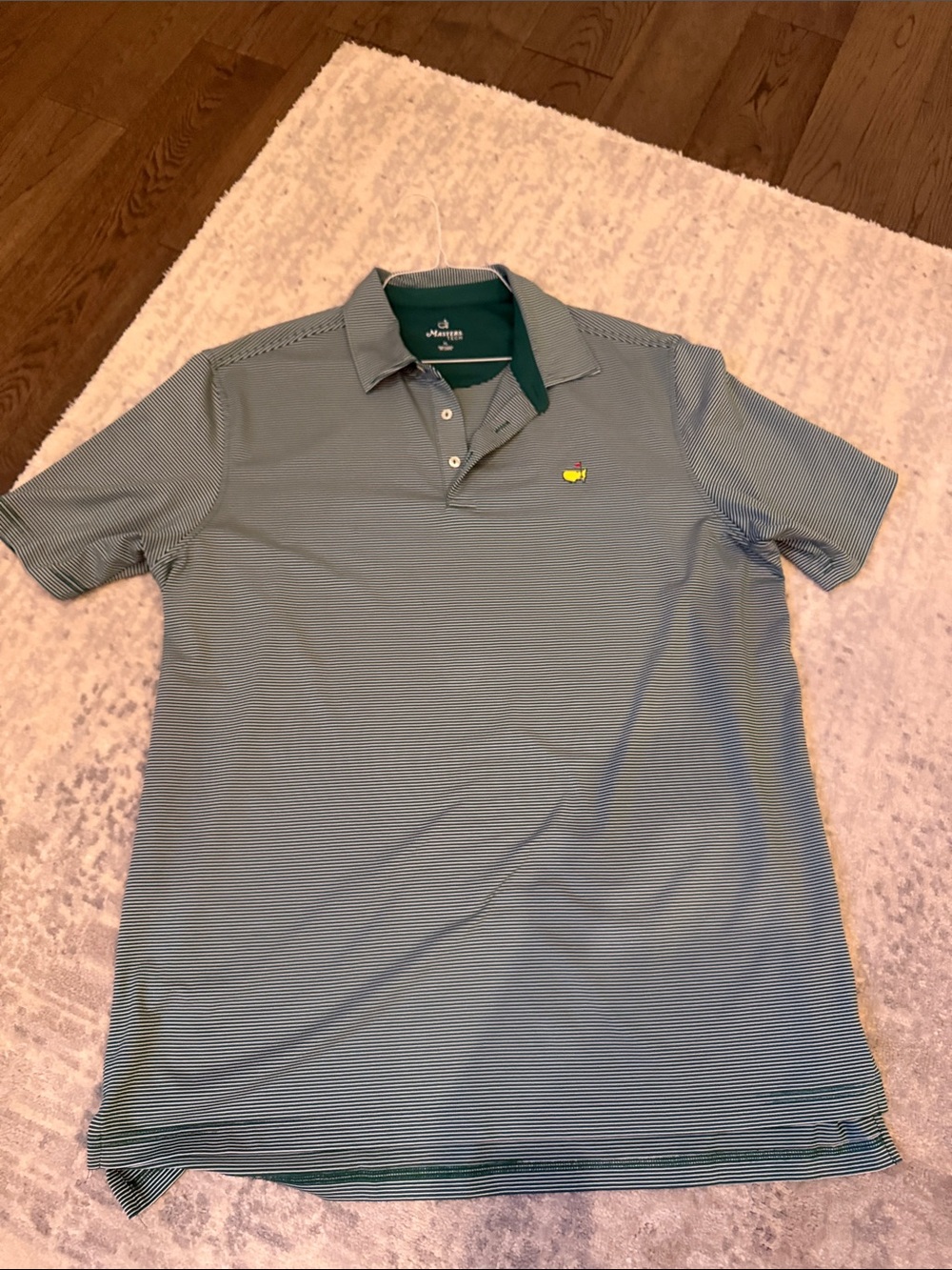 Men's Performance Polo with Subtle Green Stripes - Masters Logo